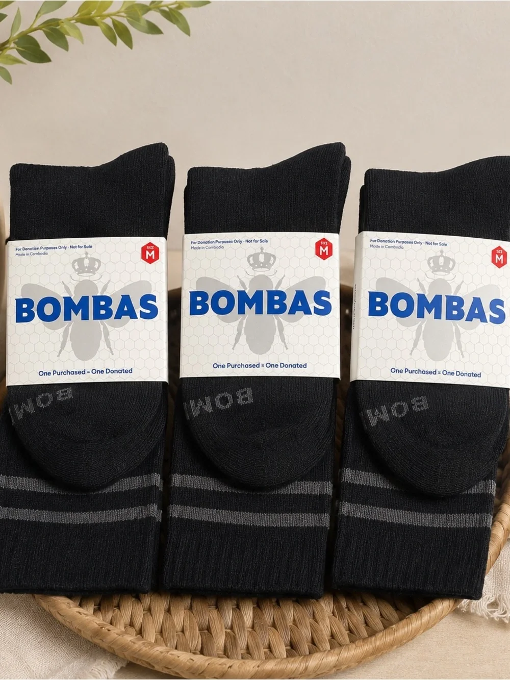 Bombas Black Crew Socks with Subtle Gray Stripes